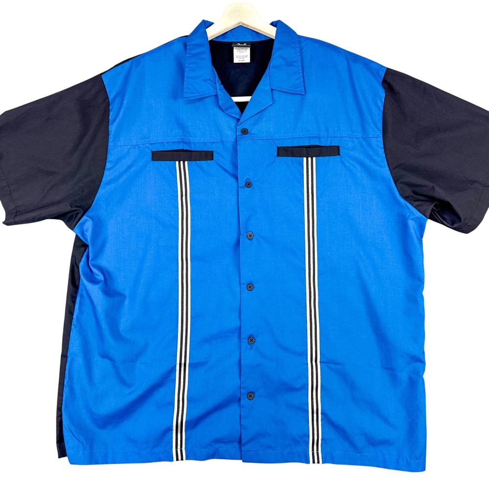 Hilton Bowling Retro Shirt Mens 2XL Blue Black Bowling‎ Camp Button Front Casual